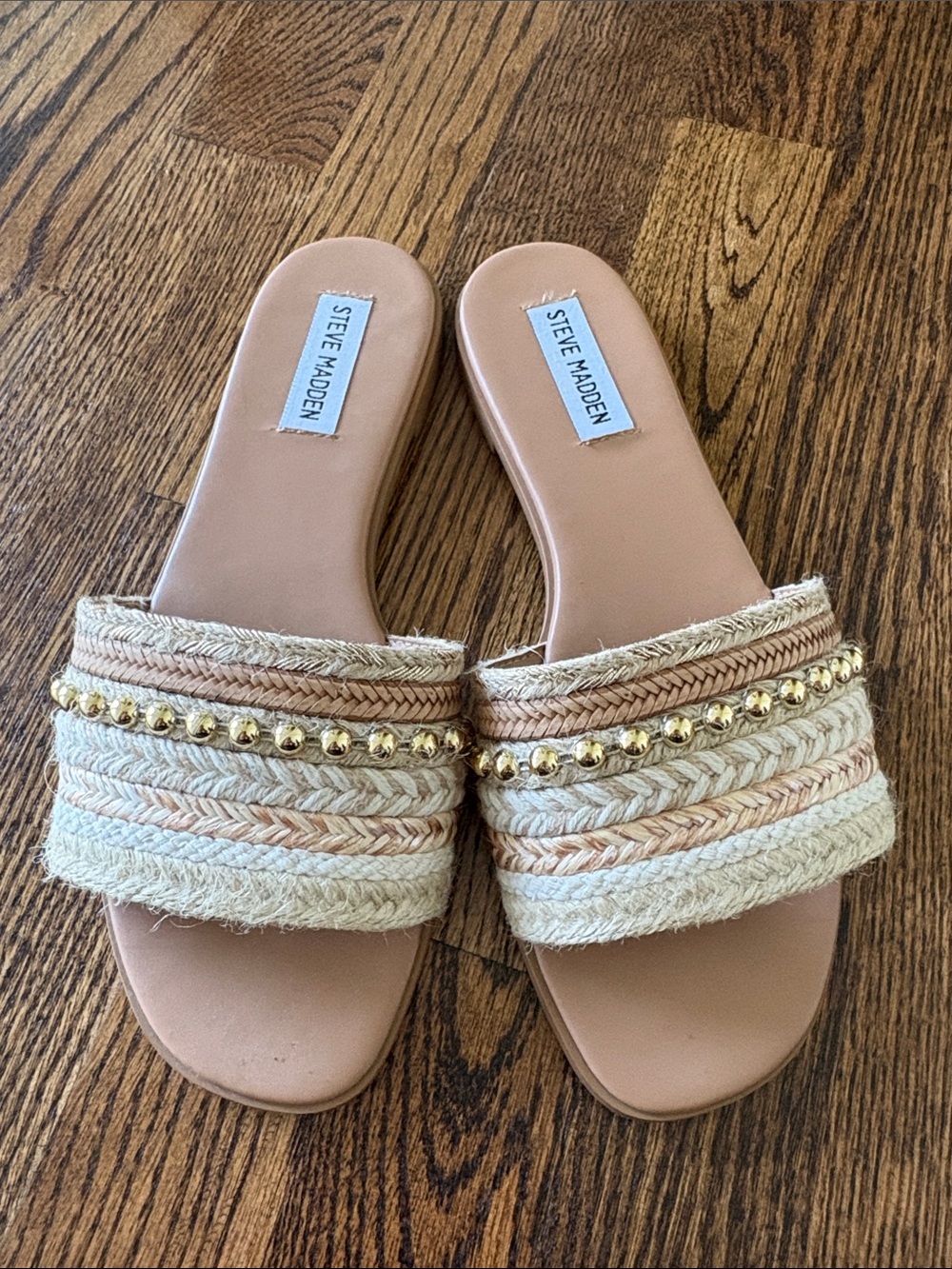 Steve Madden Neutral Braided Slide Sandals with Gold Bead Trim